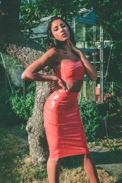Elissa Poppy Scarlet Red Latex Midi Skirt